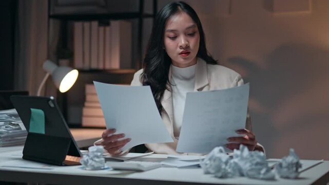 Young frustrated businesswoman throwing crumpled paper while working late at night in office