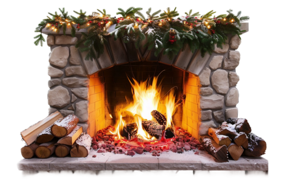 A cozy fireplace with a roaring fire creating warmth in a winter setting Isolated on Transparent Background PNG