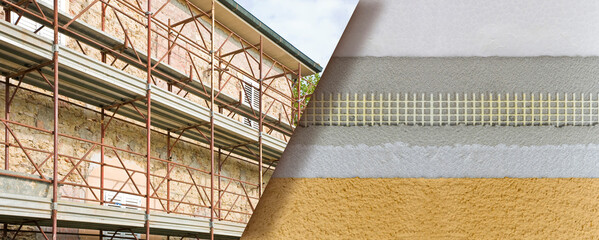 Obraz premium THERMAL INSULATION COATINGS FOR CONSTRUCTION WITH POLYSTYRENE PANELS to reduce thermal losses - Building energy efficiency - Construction work on a building site with security metal scaffolding