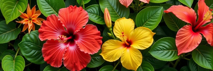 Colorful hibiscus flowers against lush green foliage