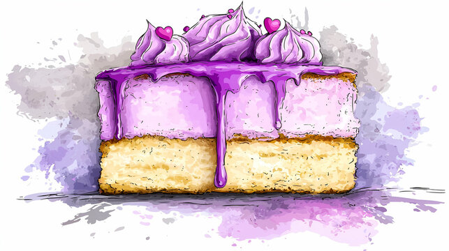 A colorful illustration of a slice of purple cake with creamy frosting, featuring drizzles of purple glaze and decorative hearts on top.