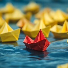 Leadership concept. Red paper ship leading among yellow paper boats on water surface