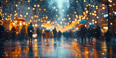 Fototapeta premium Winter cityscape with blurred festive lights, snowy atmosphere, urban charm