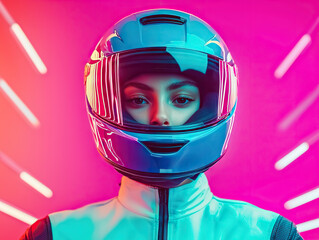 Young racer in reflective helmet and suit stands against vibrant neon lights background - obrazy, fototapety, plakaty