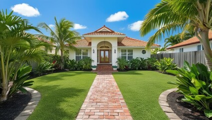 Obraz premium Beautiful tropical house for sale with a brick pathway and lots of greenery