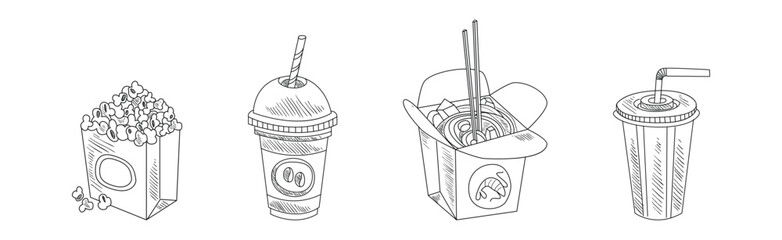 Fast Food and Appetizing Snack Sketch Drawing Vector Set