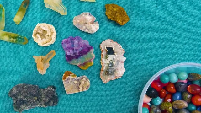 colorful various uncut and raw mineral stones, gemstone and healing stone collection