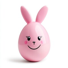Adorable pastel pink Easter egg with bunny ears and a cheerful smiling face isolated on a white background 