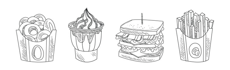 Fast Food and Appetizing Snack Sketch Drawing Vector Set