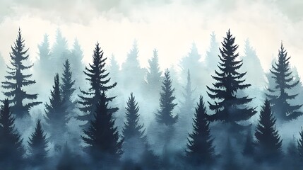 Fototapeta premium Watercolor Painting of a Misty Evergreen Forest