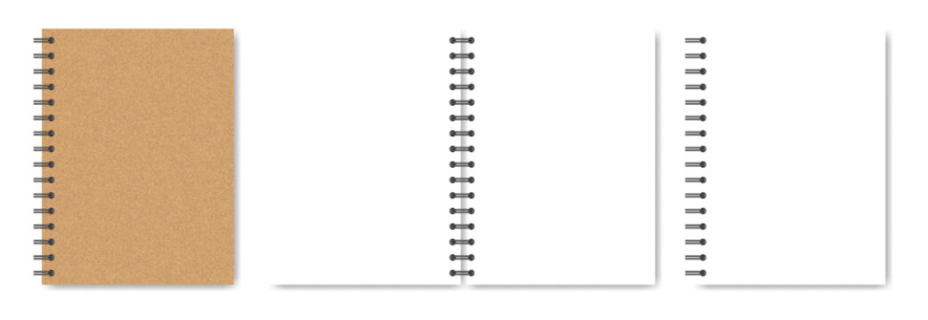 Mockup of a notebook with spiral. A5 format. Brown cover. Kraft paper or cardboard. Shiny metal binder clip. Mockup of a small book, diary, notepad. Copybook, sheets of paper with black binder