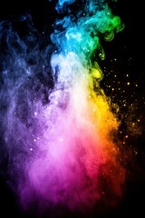 Vibrant rainbow colored smoke plume with glittering particles against a black background, abstract art, colorful swirls and texture.