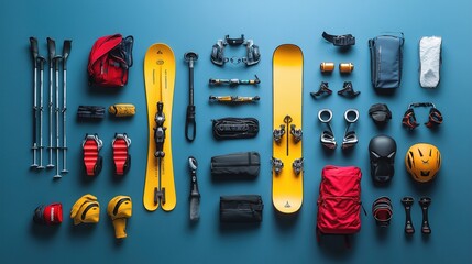 Comprehensive ski equipment set on blue background