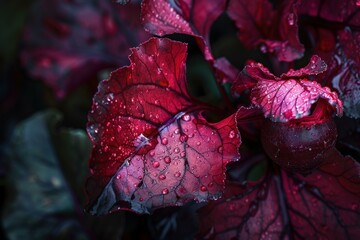 Vibrant red beetroot plant growing with water droplets on the leaves in a garden