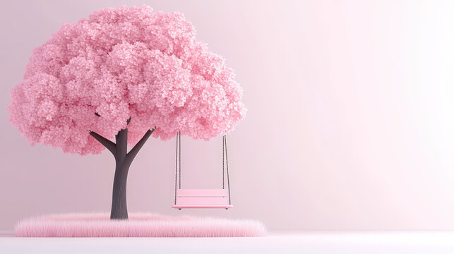 A vibrant cherry tree full of pink blossoms stands beside a gentle swing in a peaceful garden