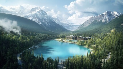 Mountain lake resort aerial view, scenic valley, snowy peaks, summer