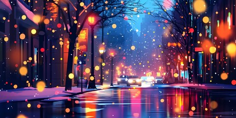 Fototapeta premium Blurred winter city background with glowing festive lights and snowy streets, evoking a tranquil and magical urban atmosphere, style book illustration