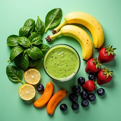 Smoothie Ingredients Like Spinach, Bananas, and Berries on Mint Green Background in Macro Style