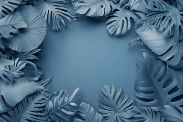 Serene blue tropical leaves frame a tranquil scene.