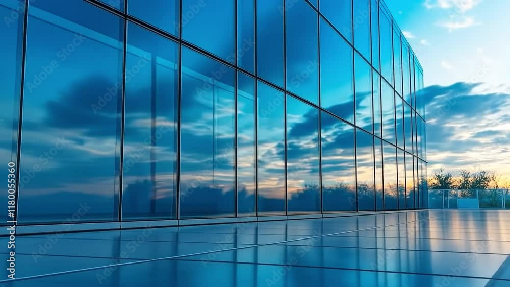 Aufkleber modern architecture: a sleek glass facade reflects the vibrant hues of the setting sun, creating a c