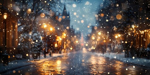 Naklejka premium Softly blurred lights in a snowy cityscape creating a serene winter scene with glowing festive tones, style book illustration