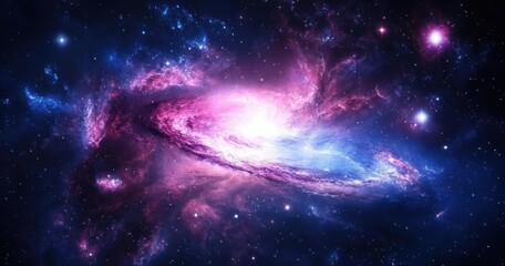 Vibrant spiral galaxy in shades of pink and blue.