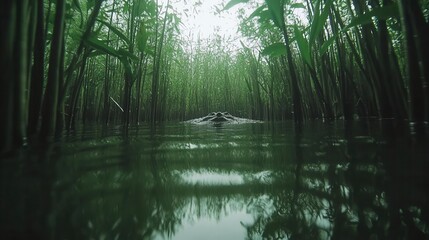 Obraz premium Crocodile swimming through lush wetlands nature scene serene water environment low angle view wildlife concept