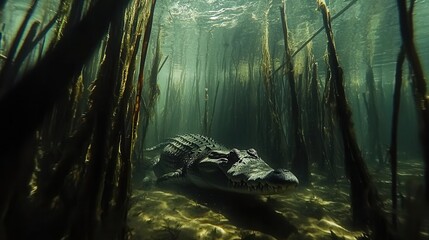 Crocodile hunting in underwater habitat swamp environment nature photography close-up perspective aquatic life