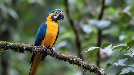 Obraz premium Colorful macaw perched on tree branch amazon rainforest wildlife photography lush environment close-up vibrant nature