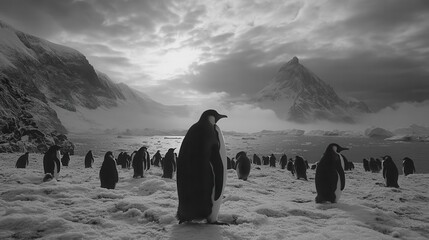 Penguin colony gathering antarctica wildlife photography icy landscape wide angle natural habitat