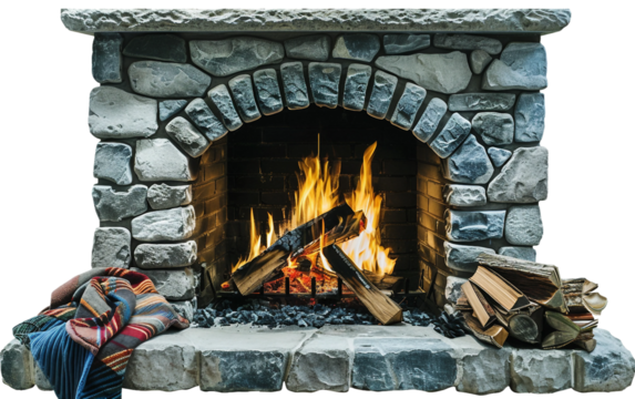 A warm and inviting fireplace with a crackling fire on a cold winter day Isolated on Transparent Background PNG