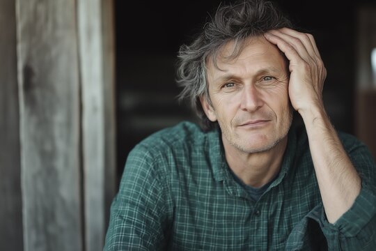 Mature caucasian male wearing green plaid shirt sitting thoughtfully by wooden structure - Powered by Adobe
