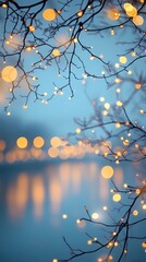 Blurred glowing lights on snowy city streets, creating a cozy wintery urban backdrop with warm and tranquil ambiance, style book illustration