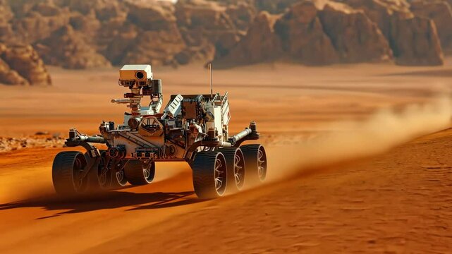 Mars rover traversing dusty red terrain