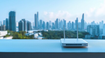 Router bezprzewodowy na nowoczesnym balkonie w mieście, z widokiem na miejską panoramę i błękitne niebo.