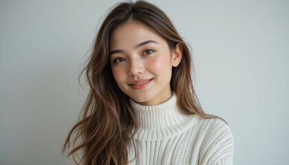 Naklejka premium Smiling young woman in a turtleneck sweater against a light background