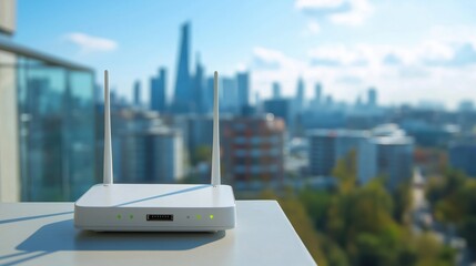 Router bezprzewodowy na nowoczesnym balkonie w mieście, z widokiem na miejską panoramę i błękitne niebo.