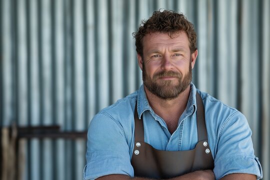 Bearded caucasian male blacksmith in denim shirt and apron standing confidently