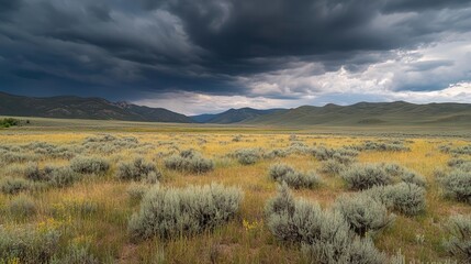 Obraz premium Dramatic storm clouds over golden sagebrush plains remote landscape nature photography tranquil wilderness wide-angle view