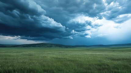 Fototapeta premium Dramatic thunderstorm over rolling green hills nature landscape scenic view atmospheric vibe dynamic clouds