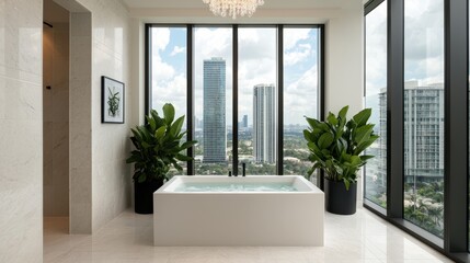 Fototapeta premium A modern bathroom featuring a freestanding tub, lush plants, and stunning city skyline views through large windows.