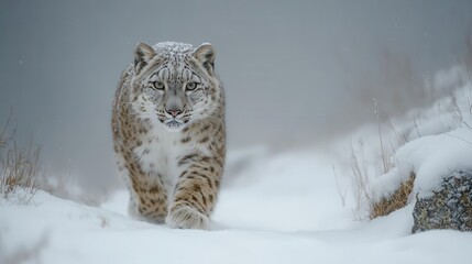 Fototapeta premium Snow leopard prowling in winter wonderland mountain terrain wildlife photography snowy environment close-up view nature's majesty