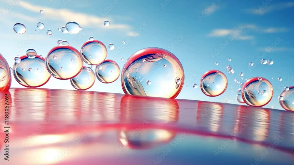 Poster water droplet reflection: a mesmerizing collection of water droplets perched on a vibrant pink surfa