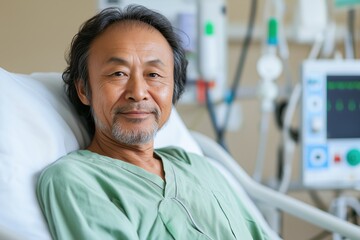 Elderly asian male patient in hospital room receiving medical care