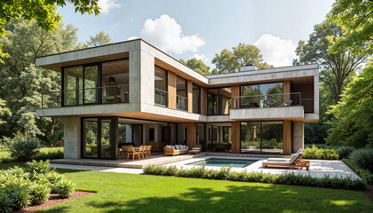 Fototapeta premium Modern house with pool in a lush garden