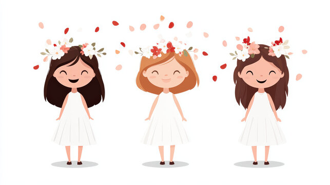 Three cartoon girls wearing flower crowns cheerfully throw petals in a vibrant celebration