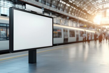 Blank billboard in modern train station with sunlight reflection