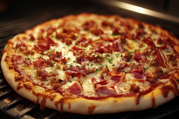 Golden brown pizza being baked with ham slices, cheese, and herbs topping