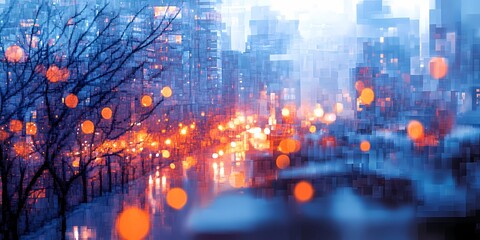 Fototapeta premium Abstract blurred city lights glowing softly against a snowy urban setting, evoking a magical and peaceful winter mood, style book illustration