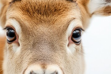 Close-up of a deer's face, showcasing its expressive eyes and soft fur.
